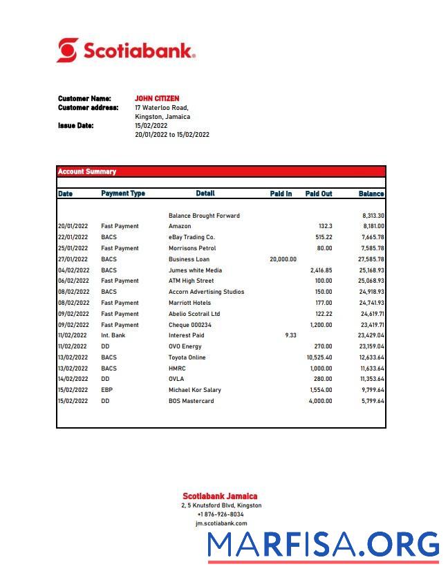 Downloadable Jamaica Scotiabank statement excel sample